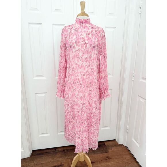 Ganni Georgette Accordion Pleated Midi Dress Pink Floral Size 36 4 - Picture 1 of 8
